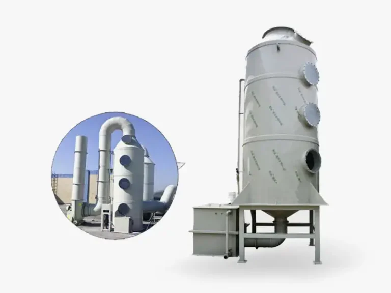 A DECENT Acid Fume Scrubber shown with a detail of its full installation, including external ductwork and exhaust pipes.