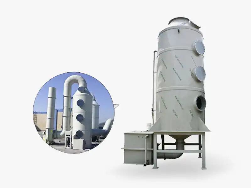 A DECENT Acid Fume Scrubber shown with a detail of its full installation, including external ductwork and exhaust pipes.