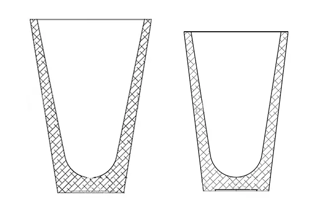Technical cross-section drawings of two different DECENT clay crucible designs, illustrating internal and external dimensions.
