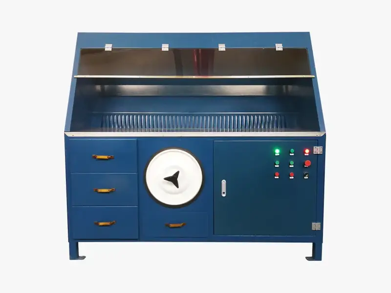 DECENT Downdraft Workstation front view – blue industrial fume extraction station with control panel, storage drawers, and downdraft ventilation for dust/fume capture in labs/manufacturing.