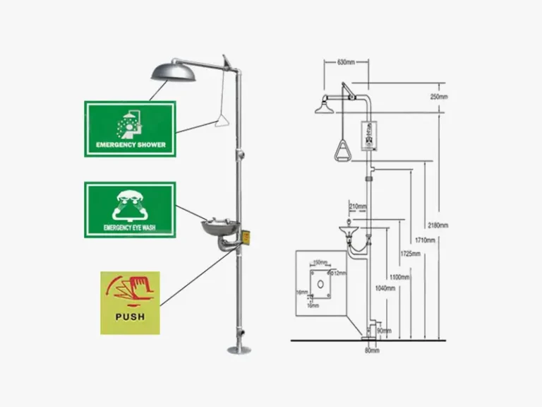DECENT emergency safety shower and eyewash station with technical drawing