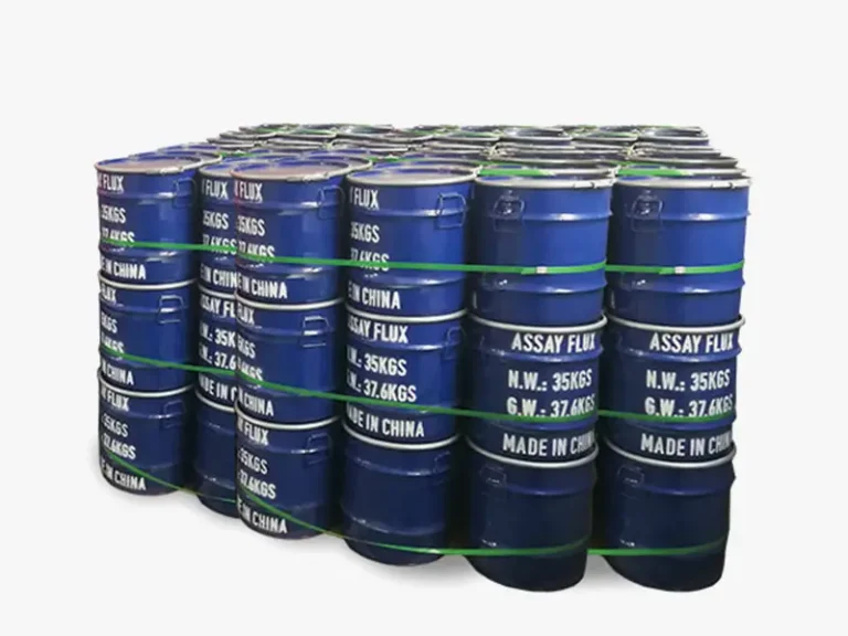 Blue drums of DECENT Fire Assay Flux – pre - mixed, customizable blends with ultra - pure litharge (Au < 1ppb) for precise gold/silver fire assay.