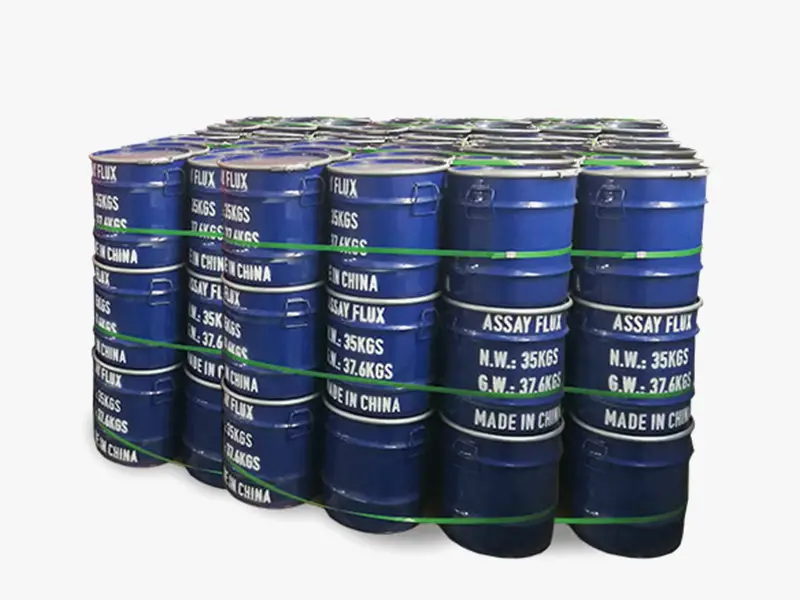 Blue drums of DECENT Fire Assay Flux – pre - mixed, customizable blends with ultra - pure litharge (Au < 1ppb) for precise gold/silver fire assay.