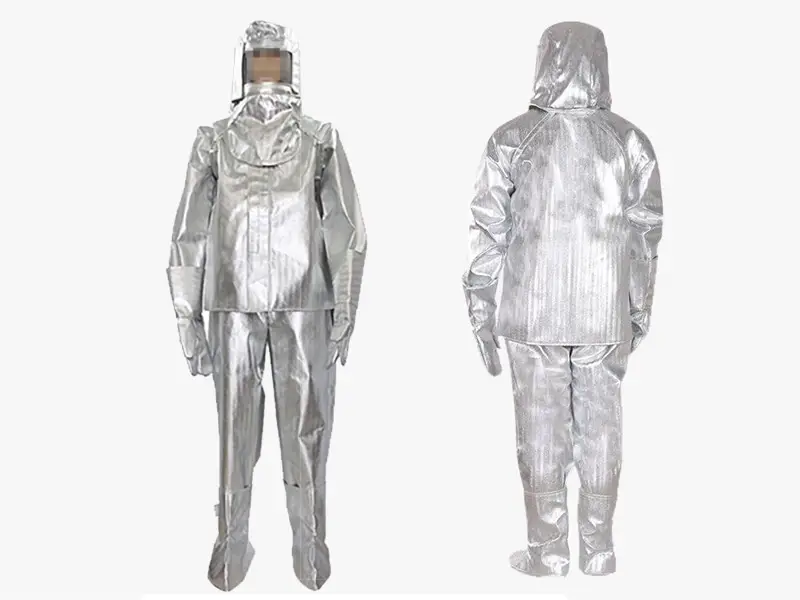 DECENT heat insulation protective suit with hood, gloves, and boots, front and back view.