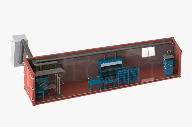 3D rendering of the internal structure and layout of a DECENT Mobile Containerized Fire Assay Lab, showing integrated lab equipment, ventilation, and work areas.