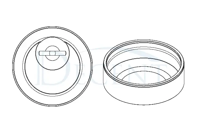 Technical line drawing of DECENT pulverizing bowls, showing a top-down view of a bowl disc and a side view of an empty bowl.