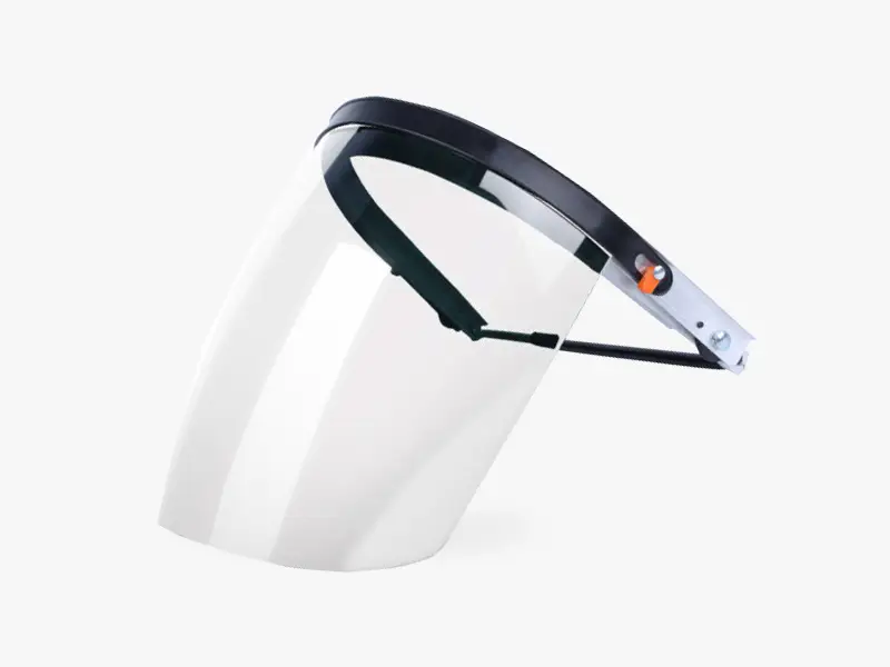 DECENT Safety Face Shield – Clear anti - fog polycarbonate visor with an adjustable black headband, protecting against splashes, UV, and impacts in industrial and lab environments.