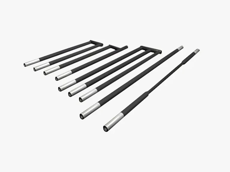 DECENT silicon carbide heating elements with silver electrical contacts, including straight and U-shaped designs.