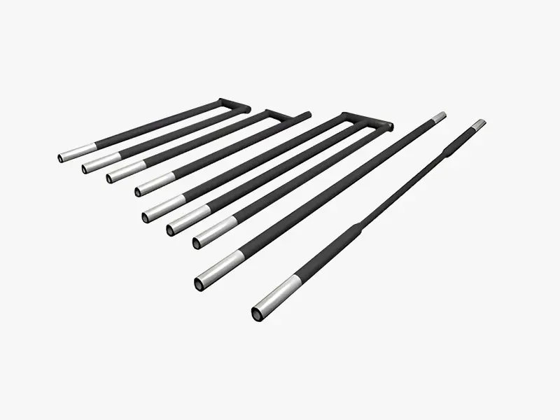 DECENT silicon carbide heating elements with silver electrical contacts, including straight and U-shaped designs.
