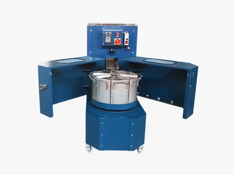 DECENT rotary sample divider with dual swing doors open and dividing buckets exposed.