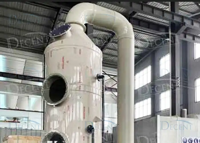 A large, white industrial acid scrubber with connecting pipes, part of the Qingdao Decent Group New Acid Scrubber Project for Egypt in 2021.