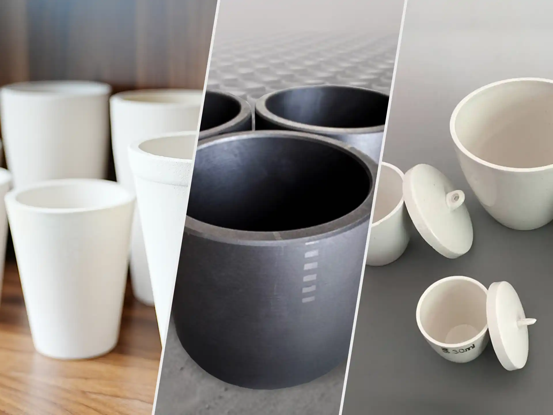 A collage showcasing various types of clay crucibles, including white ceramic and dark graphite crucibles, used in laboratory and industrial settings