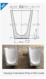 Technical drawing and cross-section photo of a 30g DECENT clay crucible