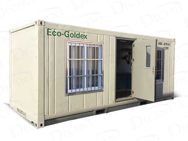 A 20ft beige DECENT mobile containerized chemical laboratory with windows, doors, and "Eco-Goldex" branding, designed for on-site chemical analysis.