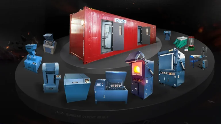 A diverse range of DECENT laboratory and mining equipment, including crushers, pulverizers, furnaces, and a mobile containerized lab, arranged in a circular display