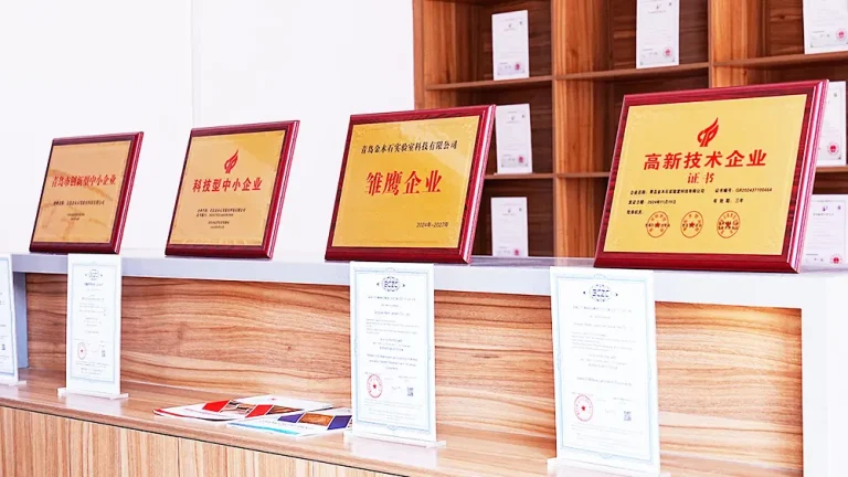A display of multiple framed certificates and awards recognizing DECENT as an innovative, high-tech, and specialized enterprise, showcasing their various qualifications and honors