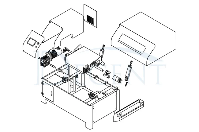 Exploded view technical drawing of the DECENT Crucible Tumbler (Mixer), showing its disassembled components including the frame, motor, control panel, and mixing mechanism.