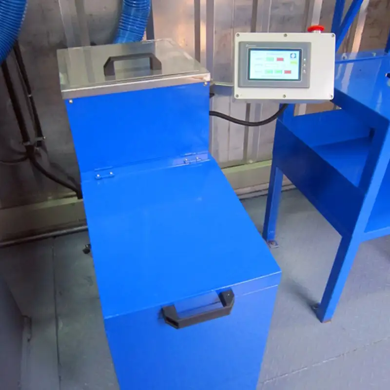 A blue rotary sample divider with a digital control screen inside a mobile laboratory, a product by Qingdao Decent Group.