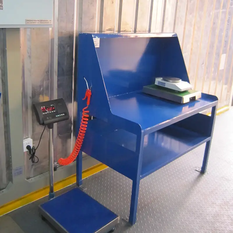 DECENT blue weighing station and separate floor scale, showing a complete weighing solution for a laboratory or industrial environment.