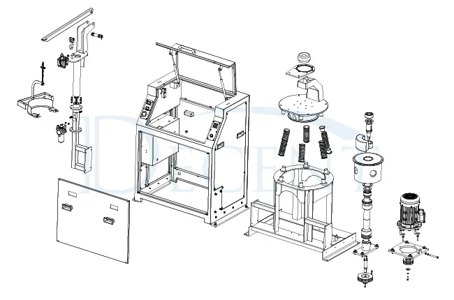 رسم فني تفصيلي لعرض منفصل ل مطحنة التكسير المختبرية دي سينت DP2000، يوضح مكوناتها المفككة بما في ذلك الخزان الرئيسي، وآلية الطحن، والمحرك، وذراع رفع الوعاء.