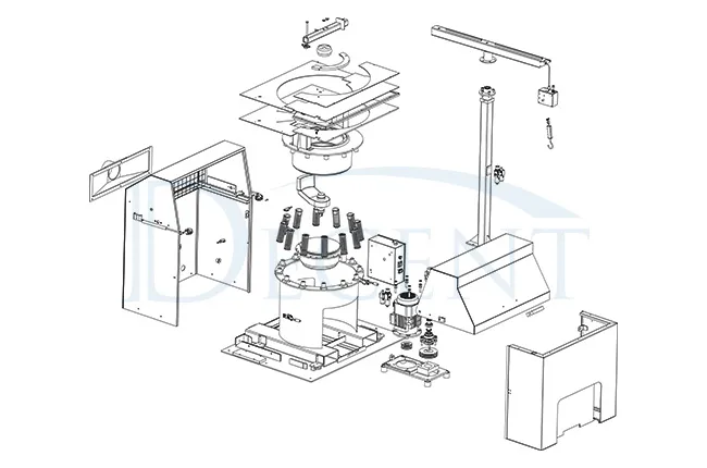 Exploded view technical drawing of the DECENT Lab Pulverizer Mill DP5000, showing its disassembled components including the main cabinet, grinding mechanism, motor, and integrated hoist system.