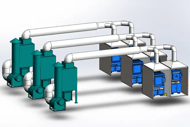 3D rendering of a comprehensive laboratory ventilation system with multiple fume hoods and air purification units, addressing safety concerns.