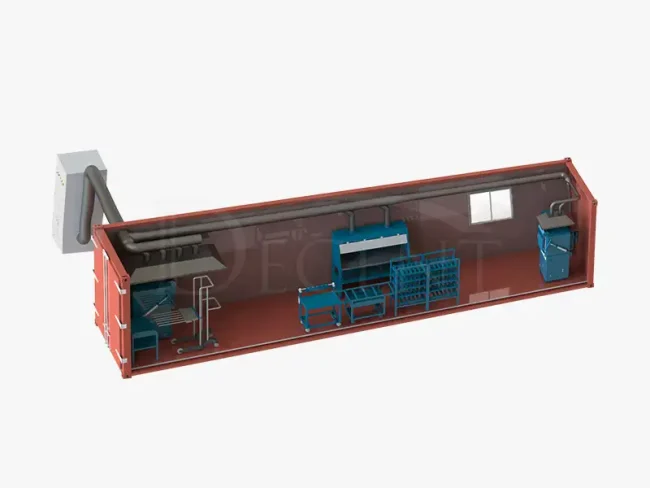 3D rendering of the internal layout of a DECENT Mobile Containerized Fire Assay Lab, showing blue lab equipment, workbenches, ventilation system, and storage racks.