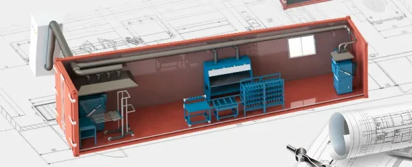 3D rendering or blueprint of a DECENT Mobile Containerized Fire Assay Lab, showing internal layout with lab equipment, ventilation, and a workbench.