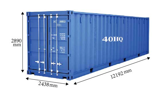 Blue 40ft high cube (40HQ) shipping container with dimensions (length 12192mm, width 2438mm, height 2890mm) labeled.