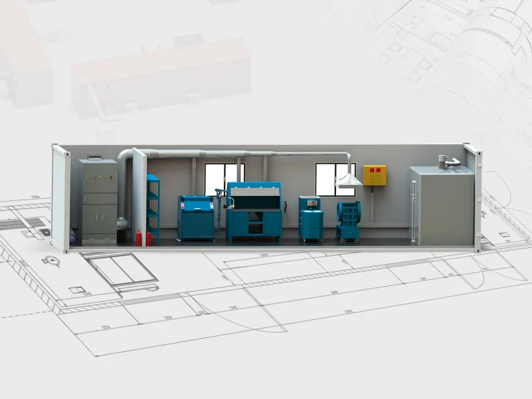 Interior view of a fully equipped mobile containerized laboratory with various analytical instruments and safety features, set against a blueprint background