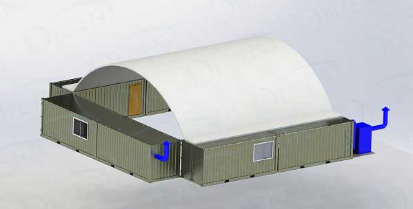 3D rendering of DECENT's mobile container laboratory combination, showing a modular building made of containers, with a protective curved roof and integrated ventilation system to create an environmentally friendly space.