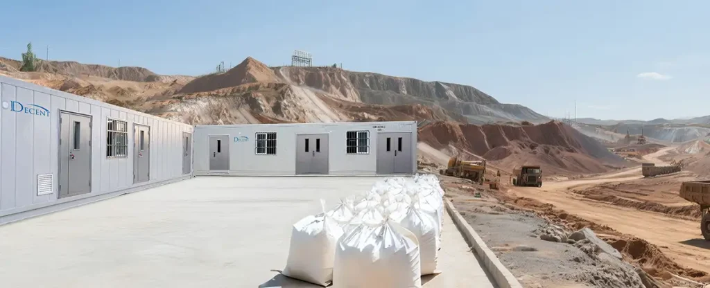 Multiple white DECENT mobile containerized laboratories deployed at a large-scale mining site, with white bulk bags and heavy machinery in the background.