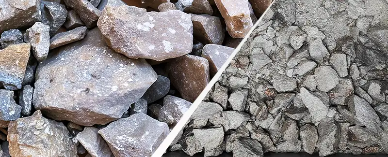 A split image showing raw ore rocks on the left and crushed, smaller ore particles on the right, illustrating DECENT's ore crushing process