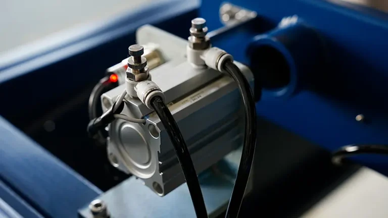 A close-up of a pneumatic cylinder with air fittings and tubing, highlighting the precision engineering and components used in DECENT equipment
