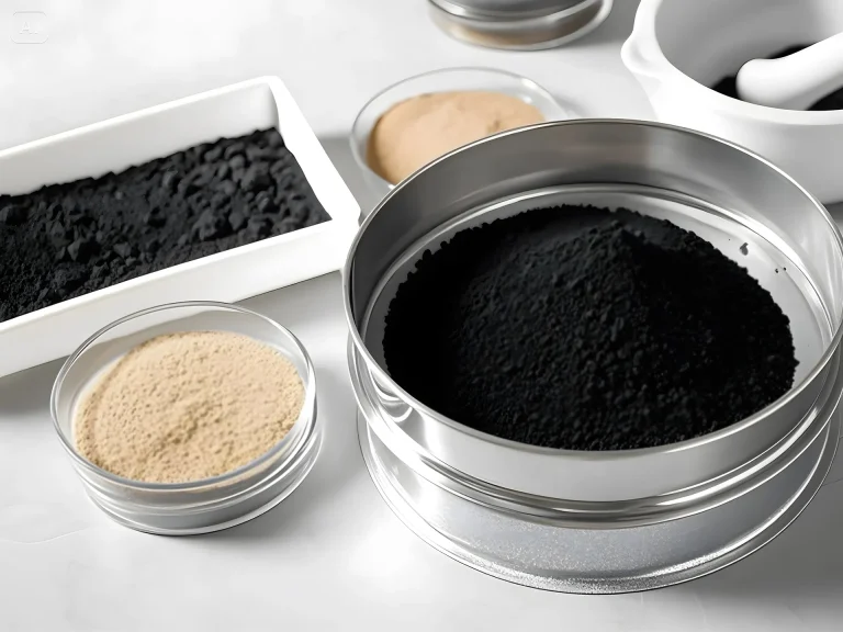 Various powdered samples, including black and light-colored materials, in laboratory containers and a sieve, illustrating DECENT's meticulous sample preparation.