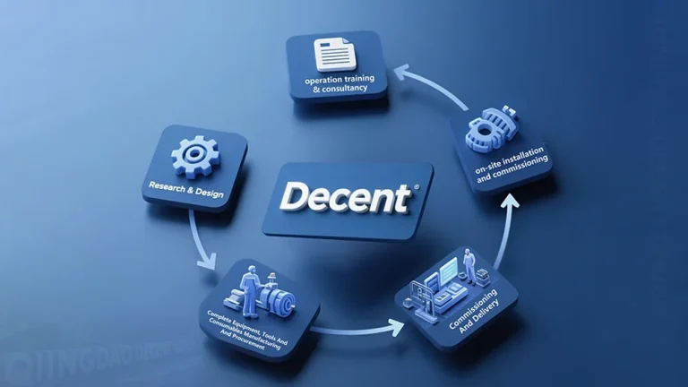 A 3D infographic illustrating DECENT's comprehensive one-stop solution process, including research & design, equipment manufacturing, commissioning & delivery, on-site installation & commissioning, and operation training & consultancy