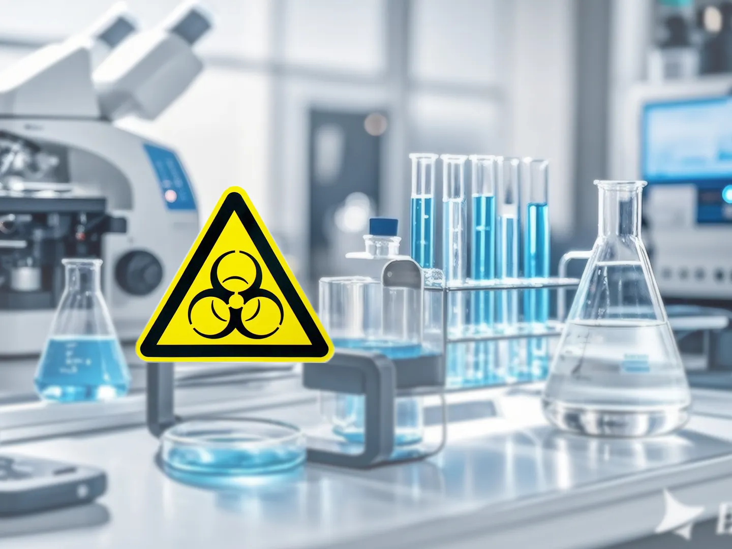 A yellow biohazard symbol prominently displayed in a modern laboratory setting with microscopes, test tubes, and beakers, representing Qingdao Decent Group's focus on laboratory safety.