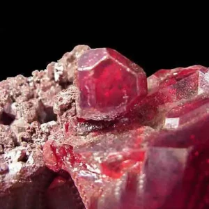 A beautiful close-up of a cluster of deep red, translucent cuprite crystals, also known as red copper ore, on a dark matrix.