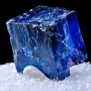 A large, translucent blue halite crystal, a form of rock salt, with a cubic shape, resting on a bed of white crystalline particles.