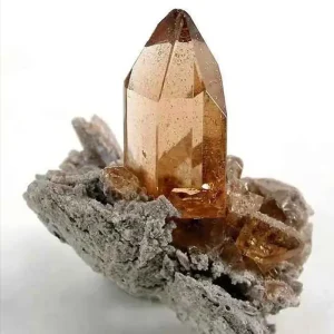 A beautiful, large, golden-brown topaz crystal, a silicate mineral also known as a 'topa stone', growing out of a gray, rough rock matrix.