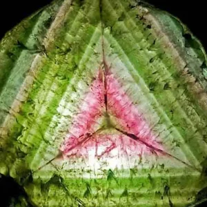 A close-up of a vibrant watermelon tourmaline slice, showing distinct concentric rings of green and pink colors, resembling a watermelon.