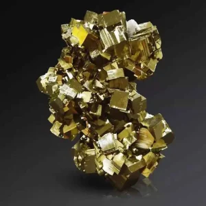 A large, complex cluster of shiny, metallic-yellow pyrite crystals, a form of iron disulfide also known as 'fool's gold'.