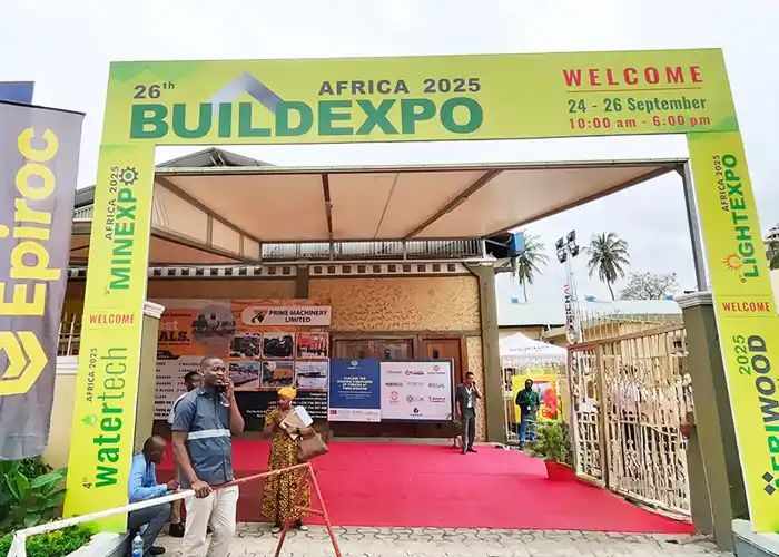 Entrance to 26th BUILDEXPO AFRICA 2025 and MINEXPO AFRICA 2025, with banners and attendees, marking the exhibition where Qingdao Decent Group presented mineral assay equipment.