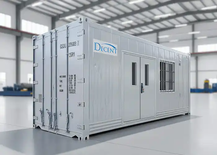 A white 20GP shipping container with "DECENT" logo, converted into a portable laboratory, container laboratory Djibouti built by Qingdao Decent Group.